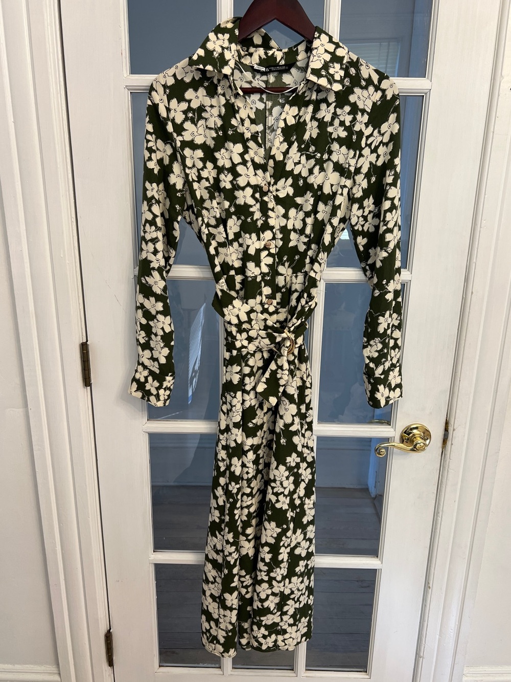 ZARA Women’s Green Cream Floral Belted Midi Shirt Dress Long Sleeve XS